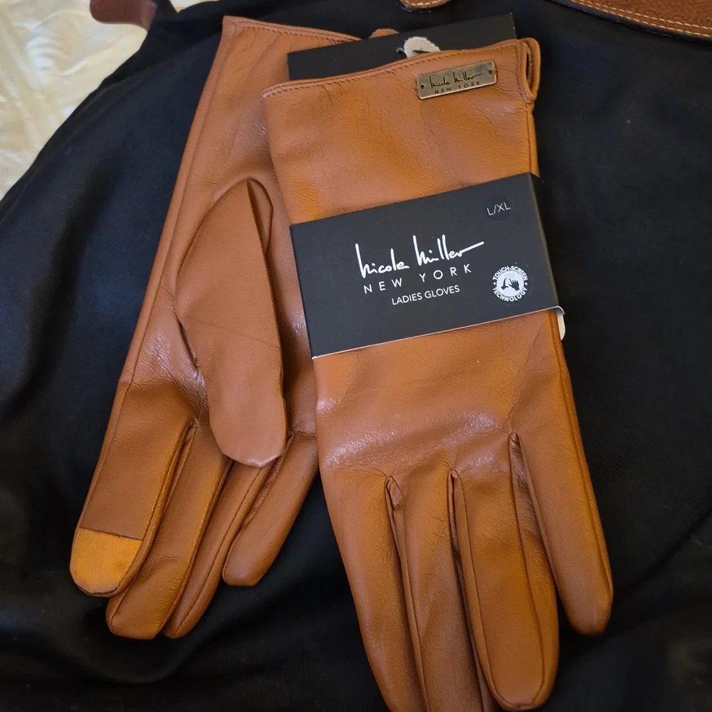 Nicole Miller Cognac Soft vegan leather womens gloves Sz S/M NWT